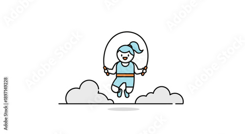 Cute Cartoon Girl Playing Jump Rope Amid Fluffy Clouds in a Simplistic Style
