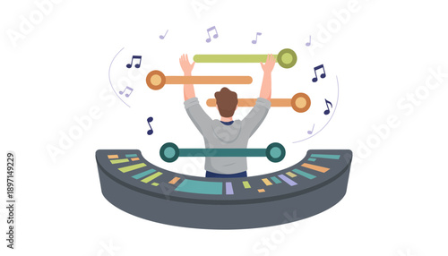 Cartoon Man Celebrating Musical Performance on Stage with Orange Dumbbells and Floating Notes