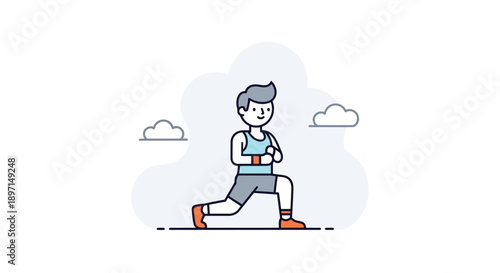 Simple cartoon person performing stretching exercise outdoors with clouds illustrating physical activity and wellness in a