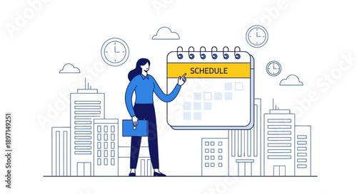 Woman Points to Calendar on Wall While Planning Schedule with Clocks and Clouds in Background