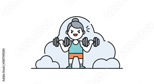 Energetic woman lifting dumbbells in a minimalistic cartoon style conveying fitness and strength inspiration for health