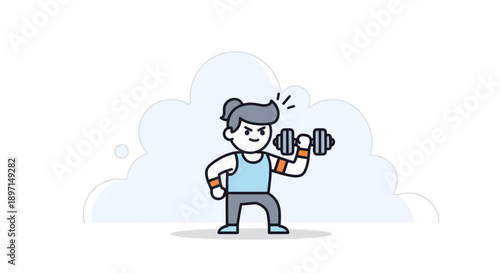 Cute cartoon woman lifting dumbbell, engaging in strength training exercise outdoors with sky and clouds background