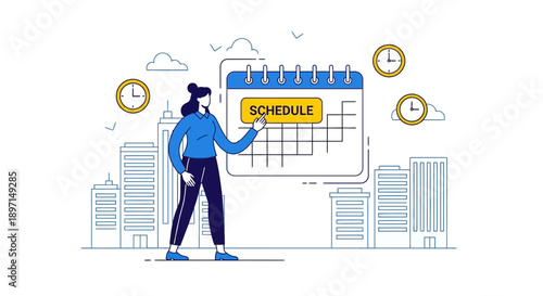 Cartoon woman points to large calendar while marking schedule in a bright, graphic office setting