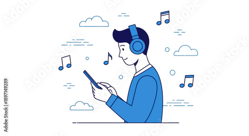 Listening cartoon man with blue headphones holds phone amid musical notes and clouds