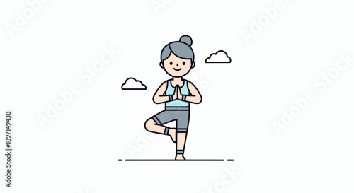 Peaceful young woman practicing yoga in serene outdoor setting with clouds and tranquil ambiance