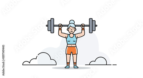 Young woman confidently lifting heavy barbell overhead during outdoor workout session emphasizing strength and fitness dedication