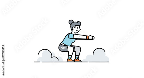 Cartoon woman performing squats on fluffy white clouds showcasing fitness and health in a playful minimalistic illustration