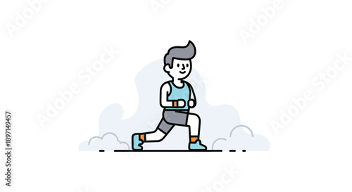 Dynamic cartoon illustration of a young boy jogging outdoors with a cheerful expression and casual athletic attire in a