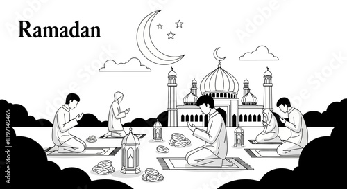 Muslim men praying in front of a mosque during Ramadan, with crescent moon and lanterns in a black and white illustration.