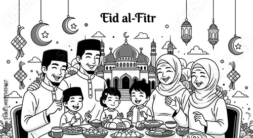 A happy Muslim family celebrating Eid al-Fitr with a festive meal and mosque in the background, black and white illustration.