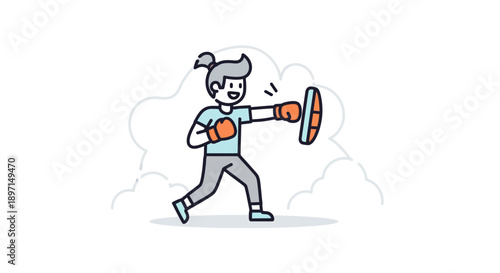 Youthful girl practicing kickboxing exploring martial arts training in a playful cartoon scene