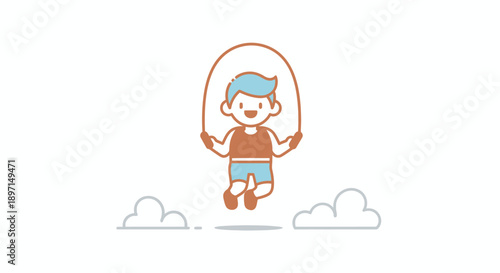 Playful child swinging on a colorful rope hanging from the sky with fluffy clouds below