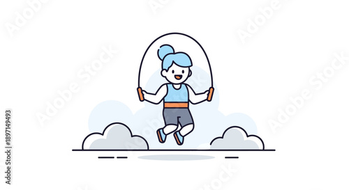 Cute Illustration of a Young Girl Joyfully Jumping Rope in a Playful Scene