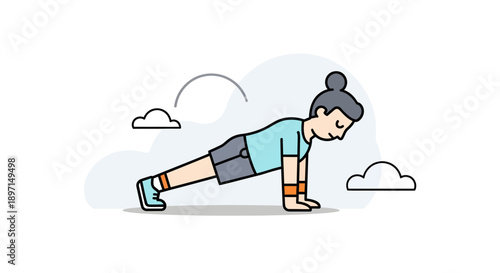 Static pose of a young woman performing a plank exercise outdoors with clouds and a simple sky background emphasizing core