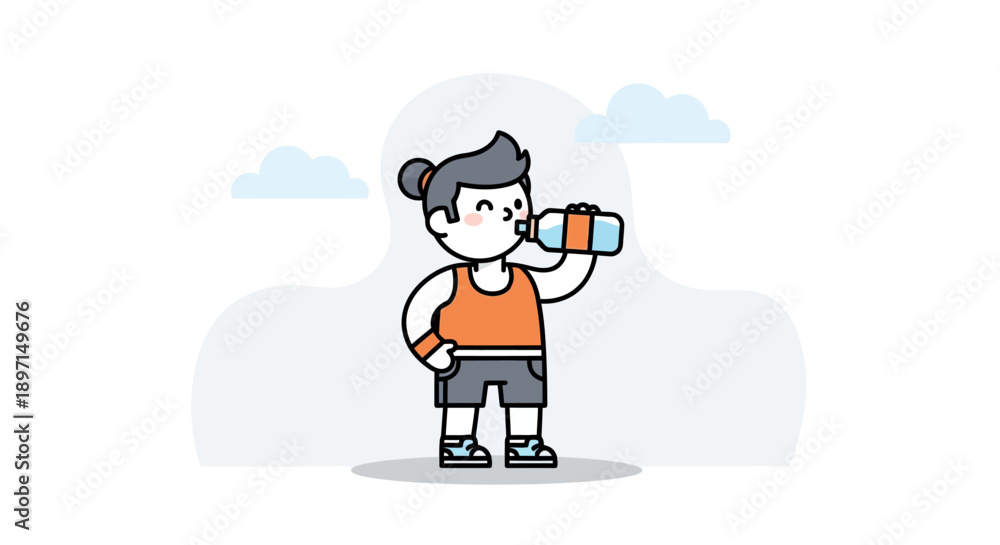 Fototapeta premium Cute cartoon girl with ponytail enjoying a refreshing drink outdoors on a cloudy day