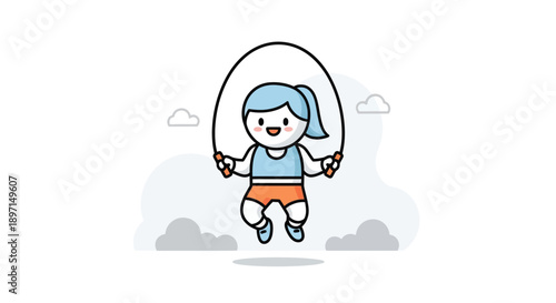 Colorful cartoon girl with blue hair joyfully jumping rope against a minimal clouded sky background for children playful
