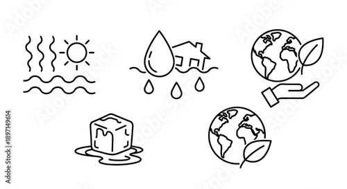 Line icons depicting climate change effects like heatwaves, floods, melting ice, and environmental protection efforts.