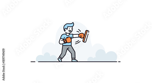 Cartoon Illustration of a Young Man Playing Table Tennis with Dynamic Motion Lines and Sunny Sky Background for Sports and