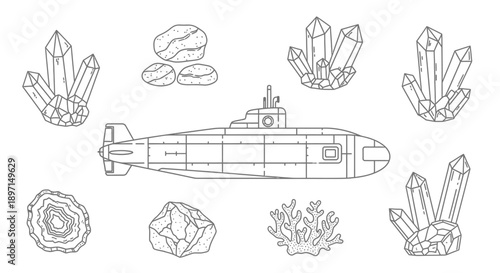Outline drawing of a submarine exploring underwater geological formations including various crystals, rocks, a geode, and coral.