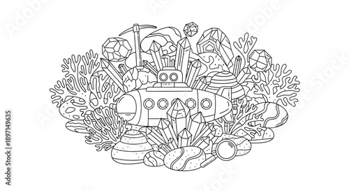 A detailed line art illustration of a submarine exploring a vibrant underwater crystal garden with coral and hidden treasures.