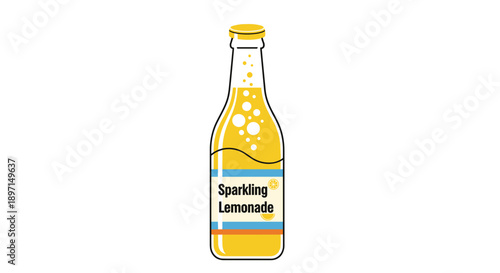 Illustration of a sparkling lemonade bottle with vibrant yellow liquid and bubbles, isolated on a clean white background, showcasing refreshing design