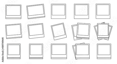 Outline vector icons of instant photo frames in various arrangements and orientations, depicting memories and photography concepts.