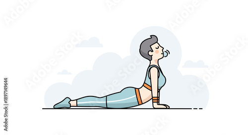 Relaxing Yoga Pose Illustration Showing a Woman Performing a Cobra Stretch in Comfortable Workout Attire for Wellness and