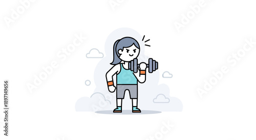Illustration of a confident young woman lifting dumbbells with a cheerful expression emphasizing fitness and strength training