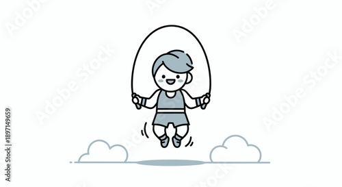 Cute cartoon child jumping rope with cheerful expression on a simple sky background perfect for children?s activity illustrations