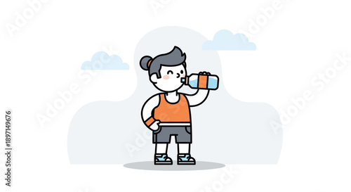 Cute cartoon girl with ponytail enjoying a refreshing drink outdoors on a cloudy day