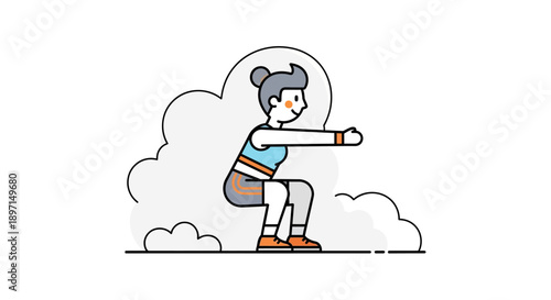 Cute cartoon girl performing a squat exercise outdoors amidst clouds in a simple, colorful illustration