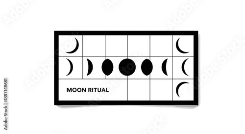 Illustration of moon phases on ritual card design, isolated on white background with bold black outlines and minimalist style