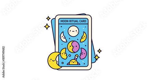 Whimsical moon ritual card with playful celestial motifs, featuring colorful crescent and full moon faces, isolated on a white background with sparkling stars