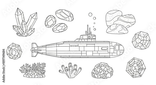 Outline drawing of a submarine exploring the ocean floor surrounded by various crystals, rocks, and coral formations.