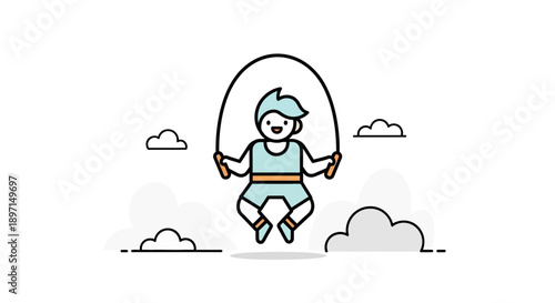 Whimsical cartoon illustration of a young person joyfully jumping on a trampoline with clouds in the background emphasizing