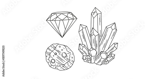 Line art drawing of a faceted diamond, a cluster of natural crystals, and a textured meteorite, all depicted in a simple black and white style.