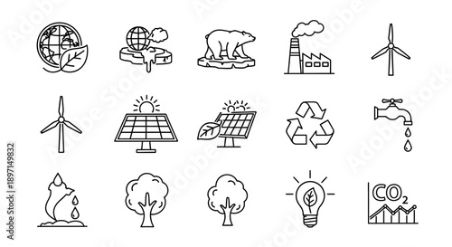 A collection of line icons representing various environmental and climate change concepts.