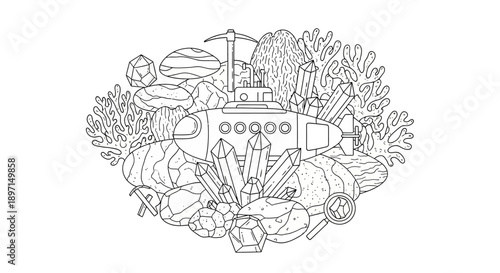 A detailed line art illustration of a submarine exploring a seabed filled with various crystals, rocks, and coral, with a pickaxe.