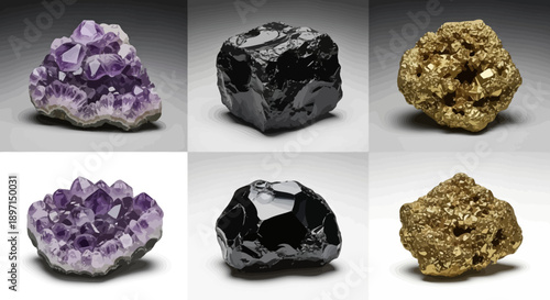 Six distinct mineral samples displayed in a grid, featuring two amethyst geodes, two pieces of black obsidian, and two golden pyrite formations.