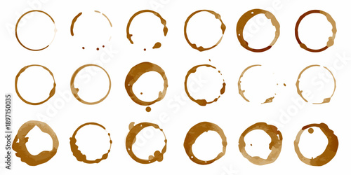 Collection of coffee rings and stains isolated on a white background