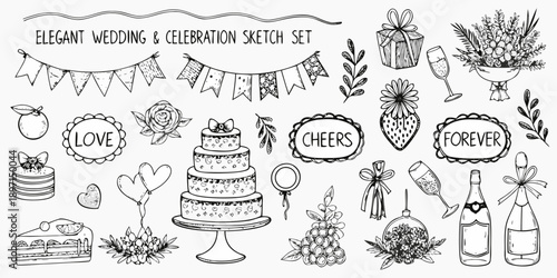 Hand drawn wedding and celebration elements sketch set in black and white