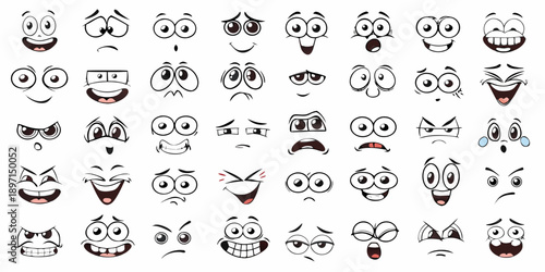 Collection of diverse cartoon faces displaying a variety of expressions