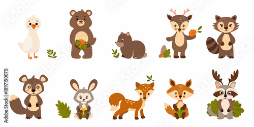 Charming cartoon illustrations of various forest animals with foliage