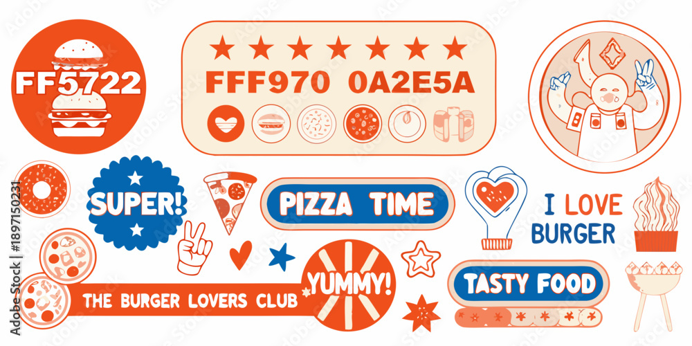 Naklejka premium Colorful sticker set featuring burgers pizza and food related phrases