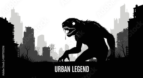 A monstrous creature silhouette with glowing eyes in a dark, desolate city landscape, depicting an urban legend.