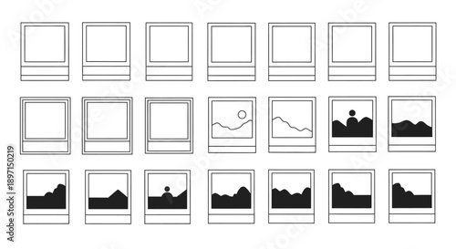 A sequence of 24 instant photo frames illustrating the development process of a landscape image, from blank to fully revealed.