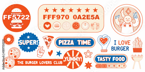Colorful sticker set featuring burgers pizza and food related phrases