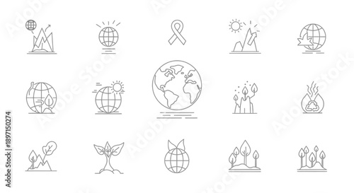 Set of line art icons depicting environmental protection, ecological sustainability, and nature conservation concepts.