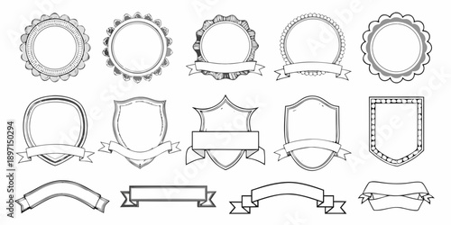 Collection of decorative vintage frames and ribbon banners in black and white