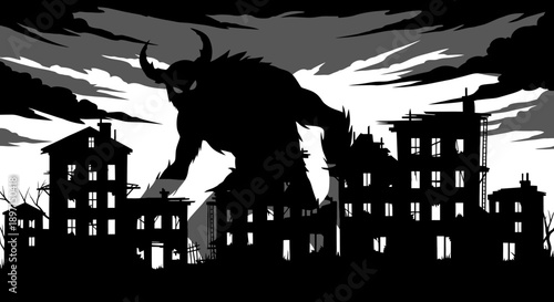 A giant horned monster silhouette looms over a dark, ruined city under a cloudy sky, in a black and white illustration.